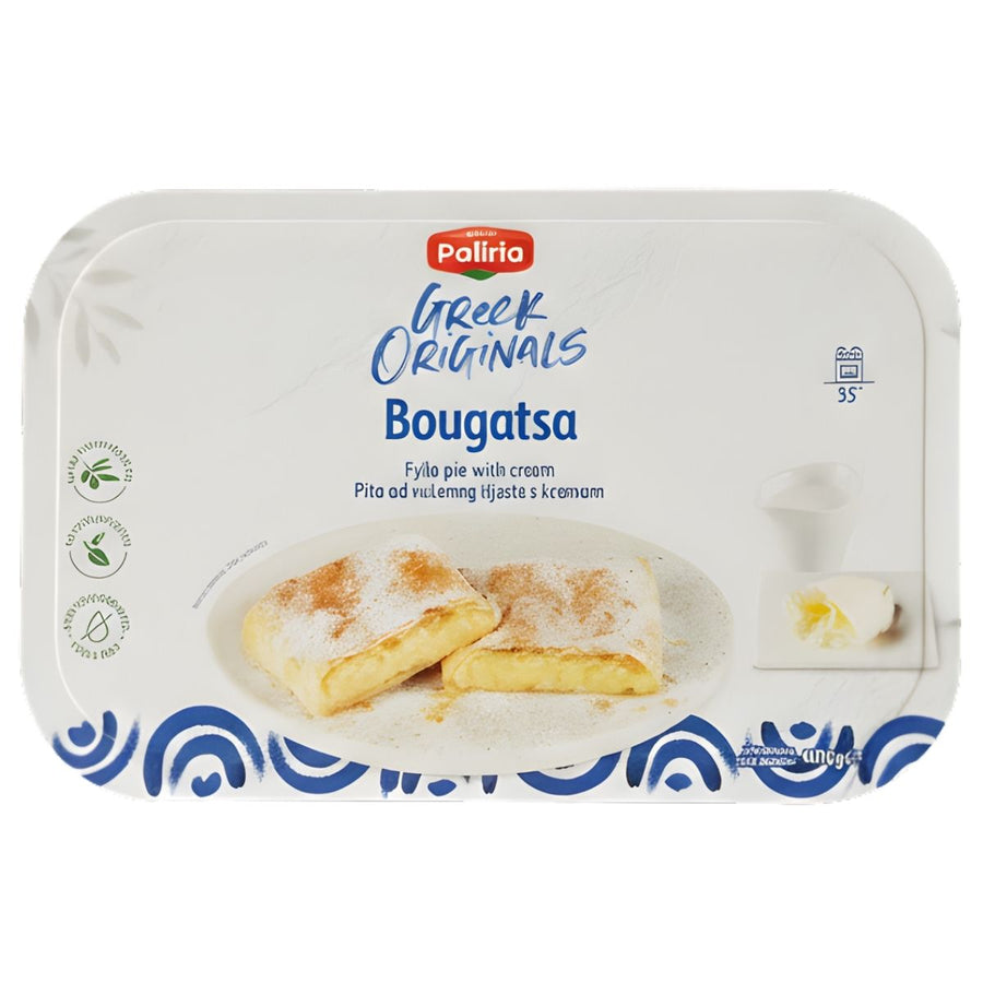 A 400g package of Paliria - Bougatsa (Filo Pie with Cream) features product details and the Paliria brand, highlighting this traditional Greek dessert with a creamy filling.