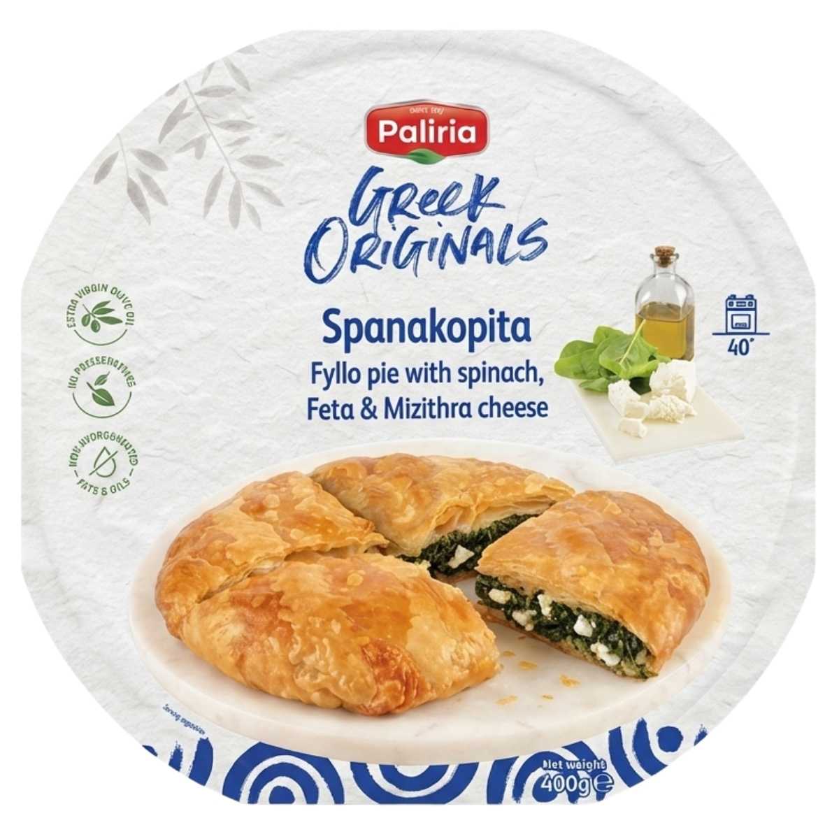 Packaging of Paliria - Spanakopita (Fyllo Pie with Spinach, Feta & Mizithra Cheese) - 400g shows the baked pie sliced on a plate, with fresh spinach, feta cheese, and olive oil in the background. Brand: Paliria.