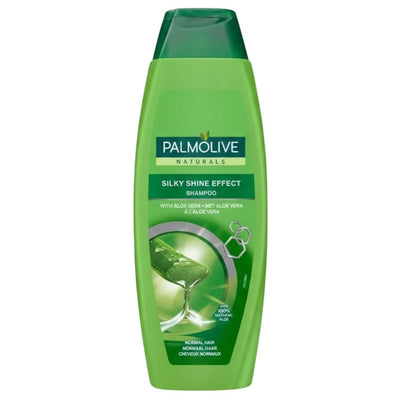Palmolive - Aloevera Silky Shine Effect Shampoo (350ml) comes in a green bottle, features aloe vera imagery, and is formulated to give normal hair a silky shine.