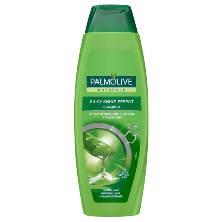 Palmolive - Aloevera Silky Shine Effect Shampoo (350ml) comes in a green bottle, features aloe vera imagery, and is formulated to give normal hair a silky shine.