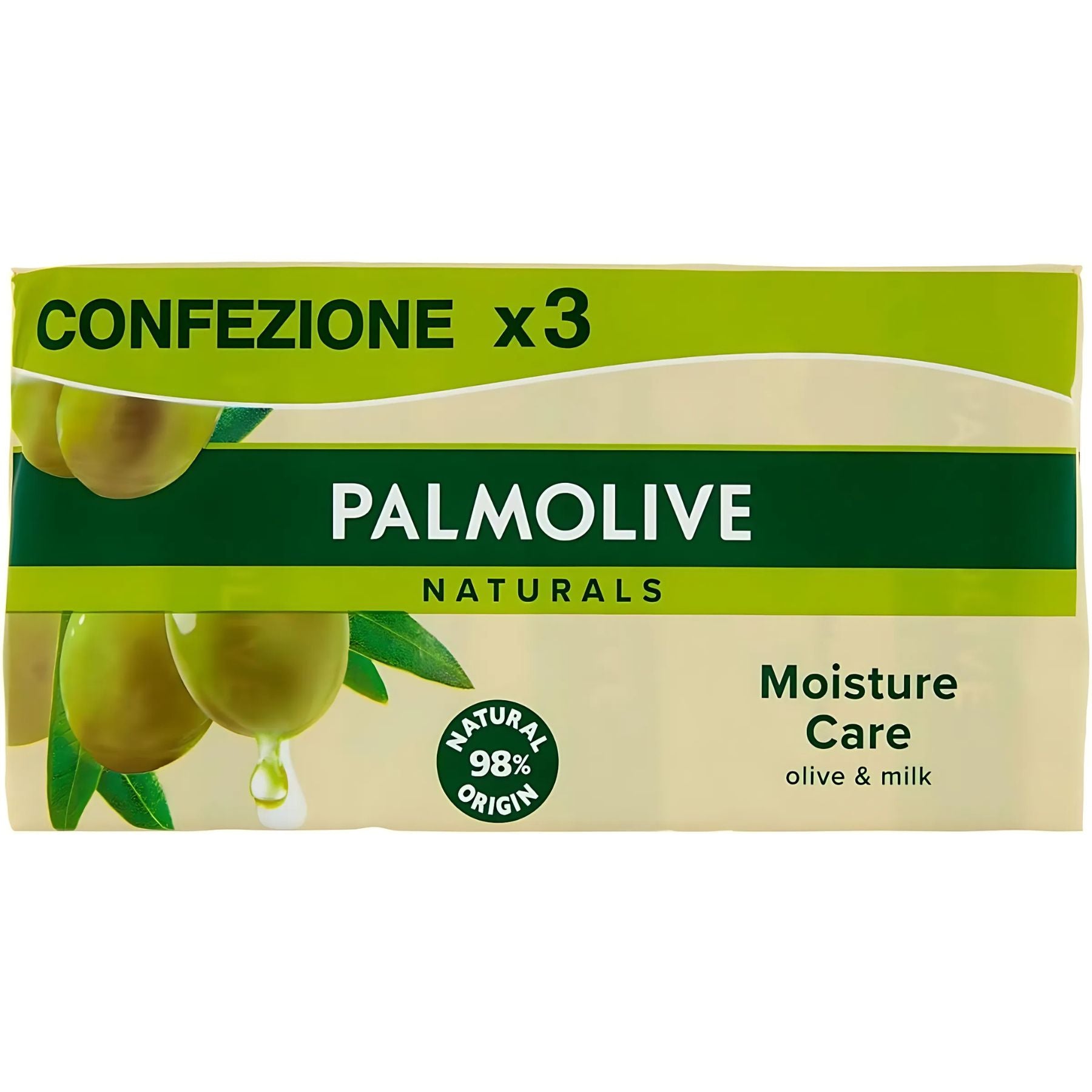 Palmolive Bar Soap Moisture Care 3 x 90g features olive and milk, is labeled 98% natural origin, and provides gentle, hydrating care.