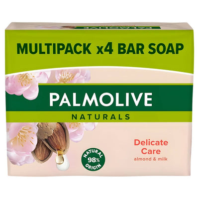Palmolive Multipack Delicate Care Soap (4 x 90g) features moisturizing bars with almond and milk, made with 98% natural origin ingredients—perfect for sensitive skin.