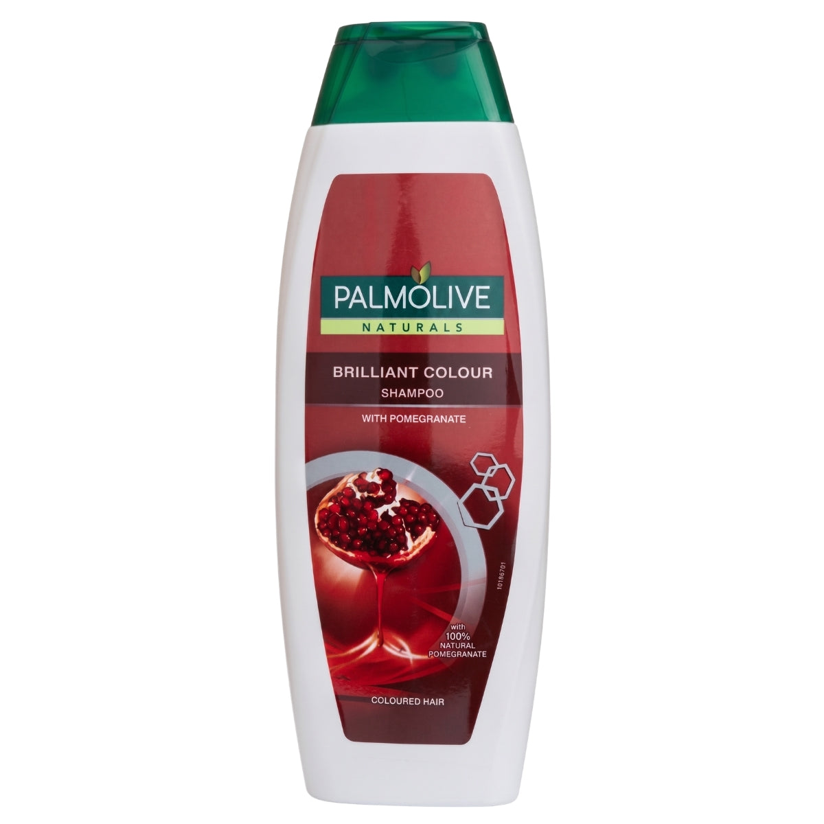 A bottle of Palmolive Naturals Brilliant Colour Shampoo with pomegranate, featuring a white bottle, green cap, and a red label with a pomegranate illustration.