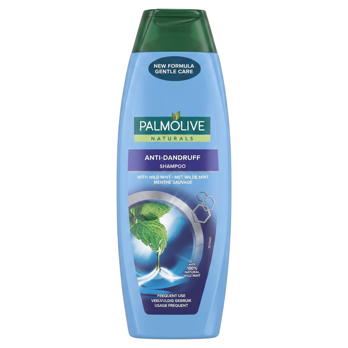 A 350ml bottle of Palmolive - Wild Mint Anti Dandruff Shampoo with a blue body and green cap, formulated with wild mint for gentle care, and labeled as suitable for frequent use to revitalize the scalp.