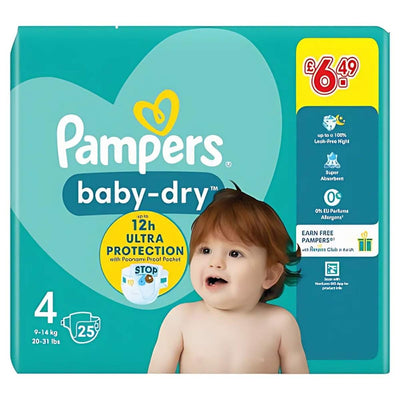 The Pampers Baby-Dry Size 4 Nappies feature a baby on the packaging, offer up to 12 hours of protection, and come with 25 super absorbent nappies per pack, all for just £6.49.