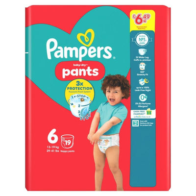 Pampers baby-diaper pants size 6 with 19 nappies package with a child model on a red and blue background