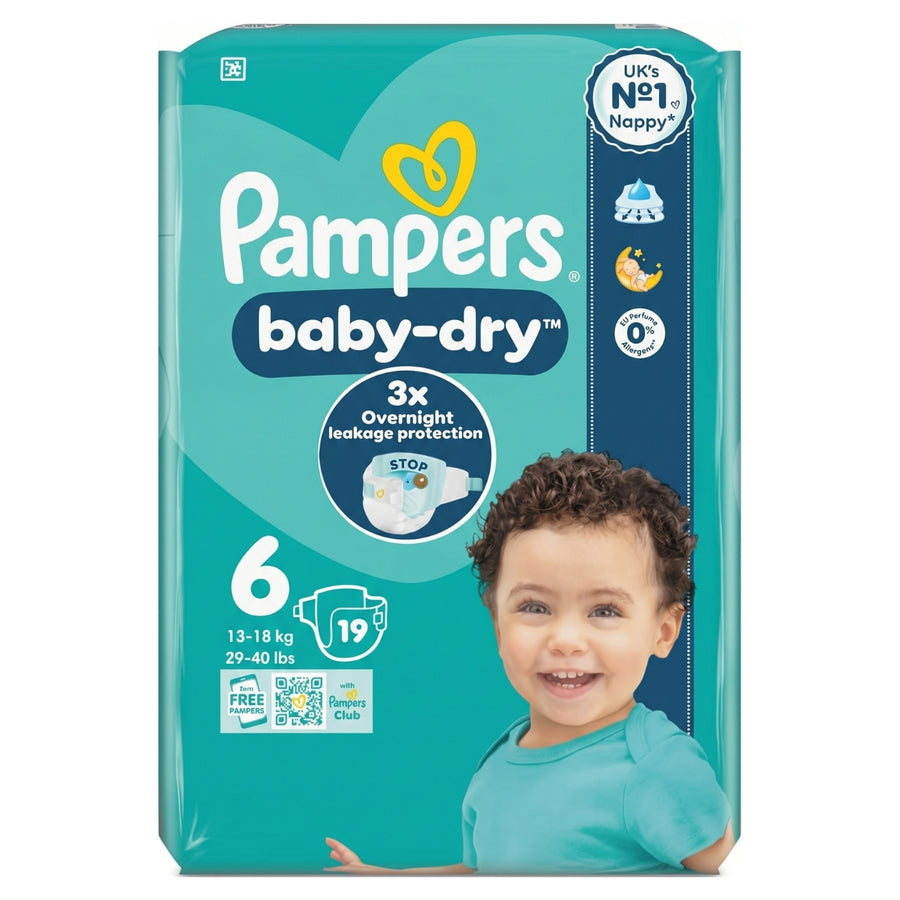 Pack of 19 Pampers - Baby-Dry Size 6 Nappies featuring a smiling baby, a graphic of overnight leakage protection, and size indicators for 13 to 18 kilograms.