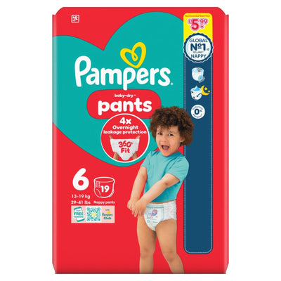 Pampers - Baby-Dry Size 6 Nappies pack of 19, featuring a toddler, overnight leakage protection, and a 360-degree fit.