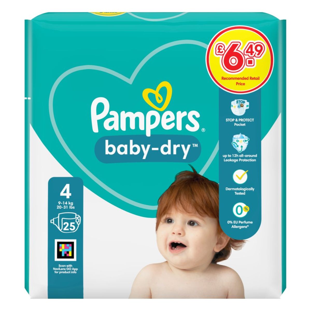 A box of Pampers - Baby Dry Size 4 diapers displaying a happy baby, with icons for 25 diapers, weight range 3-14 kg, and dermatologically tested assurance featuring superior absorbency.