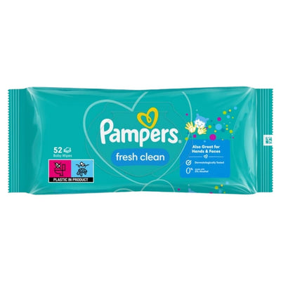 Teal package of 52 Pampers - Fresh Clean Baby Wipes with a heart logo and icons indicating they are suitable for hands and faces.