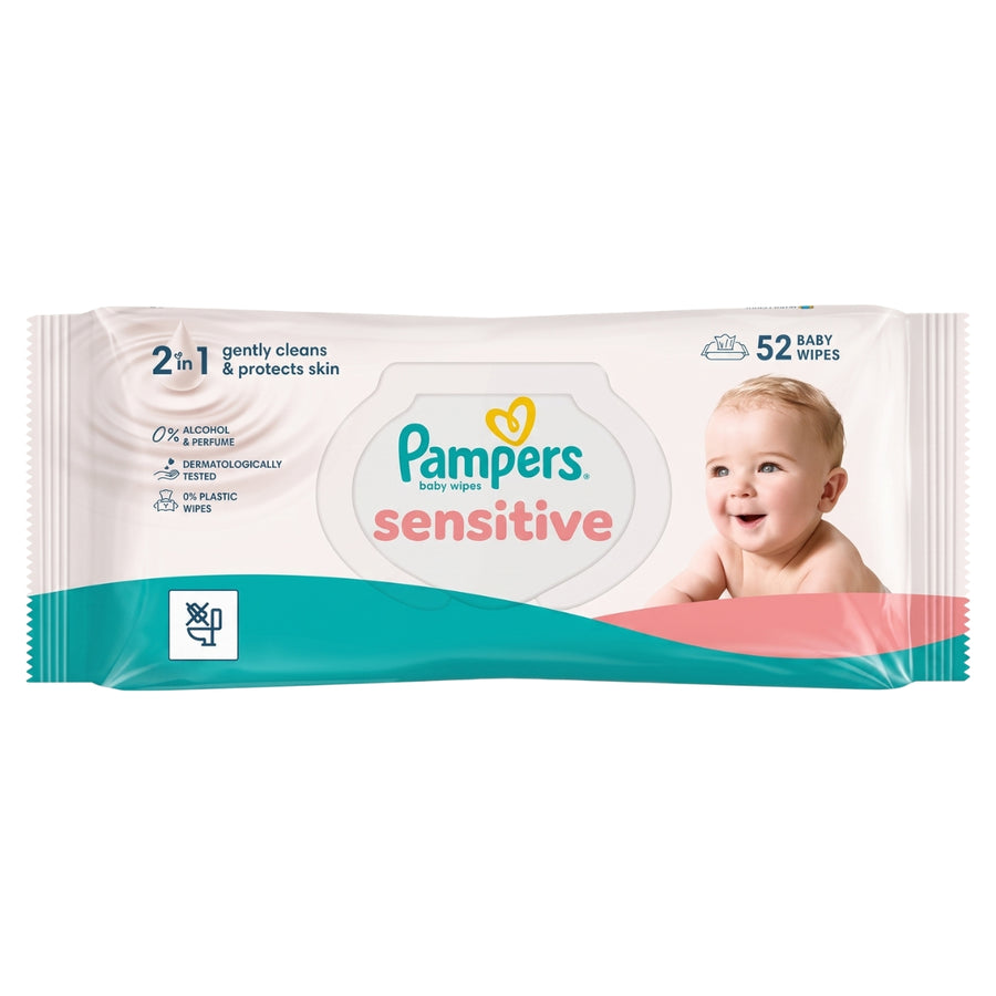 A package of 52 Pampers - Sensitive Baby Wipes featuring a smiling baby, with labels for 0% alcohol and perfume, dermatologically tested, and 0% plastic.