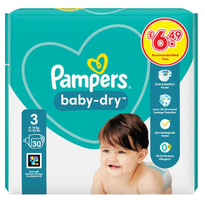 Pack of Pampers Baby-Dry Size 3 Nappies for 6-10 kg babies. Includes 30 nappies offering excellent leak protection and free from EU perfume allergens. Priced at £6.49, the packaging features an image of a smiling baby to highlight comfort provided by Pampers.