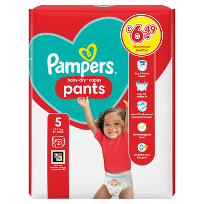 Packaging of Pampers - Baby-Dry Size 5 Nappy Pants, 21 count, displays a child in a red shirt.