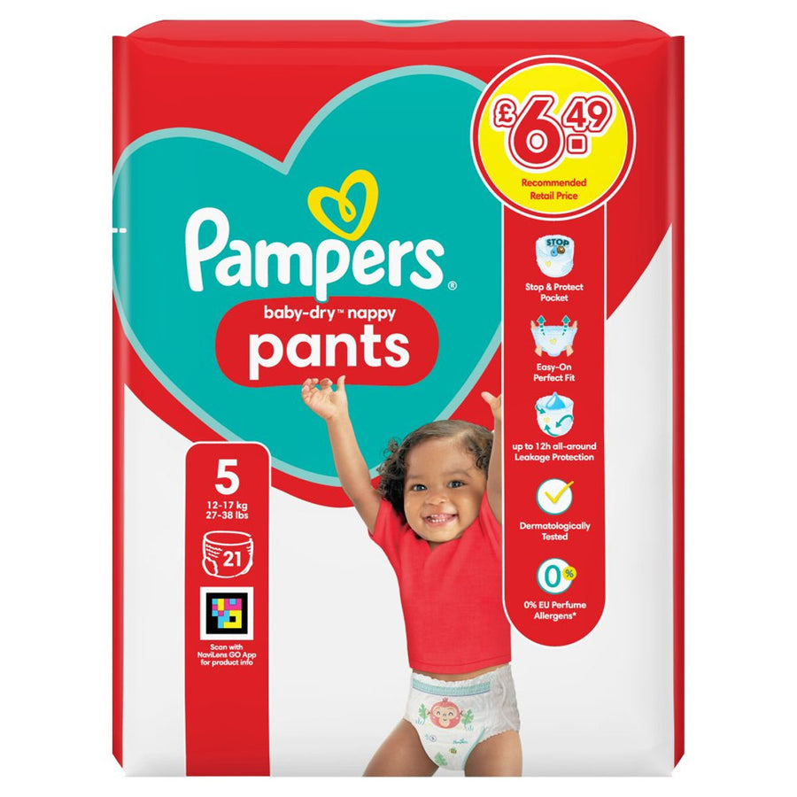 Packaging of Pampers - Baby-Dry Size 5 Nappy Pants, 21 count, displays a child in a red shirt.