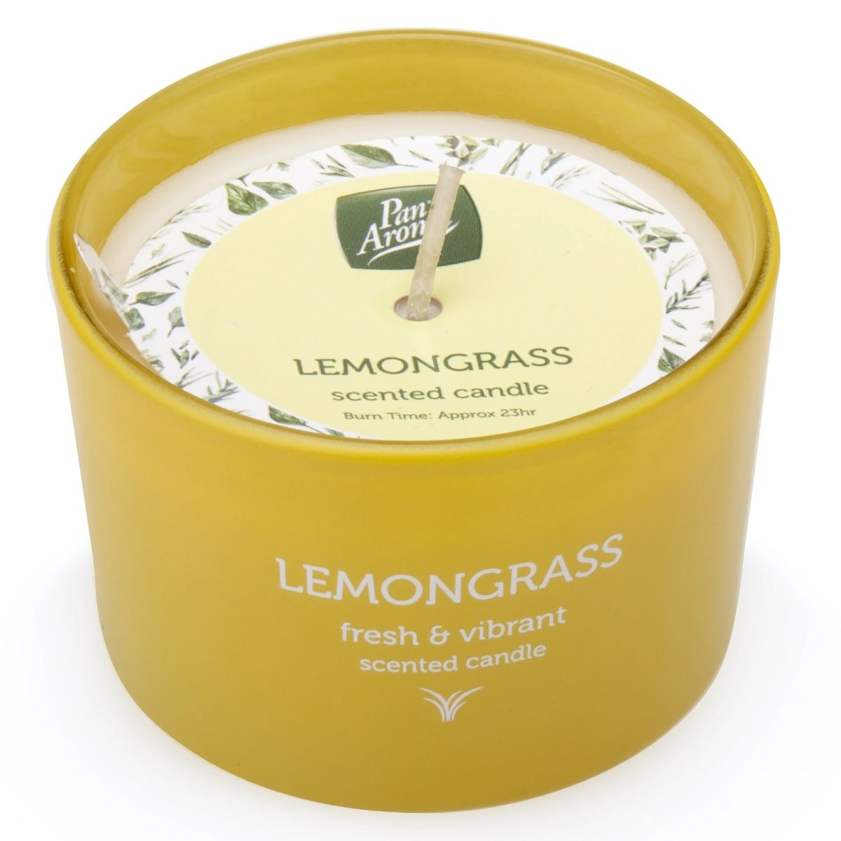 The Pan Aroma - Lemongrass scented Candle, branded as "fresh & vibrant," infuses the air with a durable lemongrass aroma. Its visible wick and 23-hour estimated burn time promise extended enjoyment of its delightful scent.