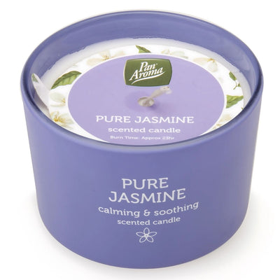 The Pan Aroma "Pure Jasmine" jar candle features a white floral design and offers a calming aroma perfect for relaxation, with an approximate 23-hour burn time.