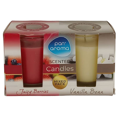 The Pan Aroma Scented Candles 2 Pack includes Juicy Berries and Vanilla Bean fragrances, both in stylish glass holders.