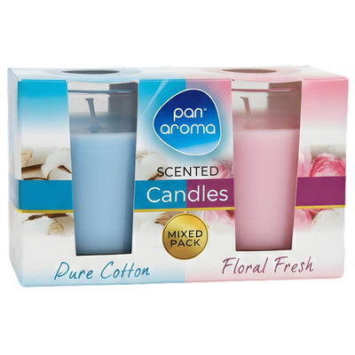 The Pan Aroma Scented Candles 2 Pack includes Pure Cotton and Floral Fresh scents in glass jars—ideal for bringing refreshing fragrance to any room.