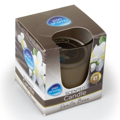 Pan Aroma - Vanilla Bean Scented Candle, with a floral design, offers an extended 21-hour burn time and soothing vanilla fragrance.