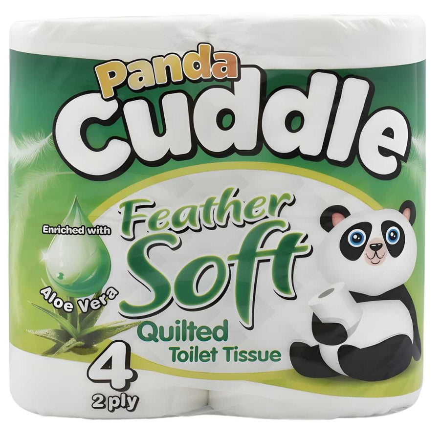 Panda - Cuddle Aloe Vera Soft Quilted Toilet Rolls, 4 Pack: gentle 2-ply toilet tissue enriched with aloe vera, featuring a cute cartoon panda holding aloe vera rolls.