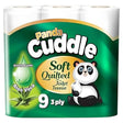 Panda - Cuddle Aloe Vera Soft Quilted Toilet Rolls 9 Pack: 3-ply tissue enriched with aloe vera for comfort. Features a cartoon panda holding toilet paper on the packaging.