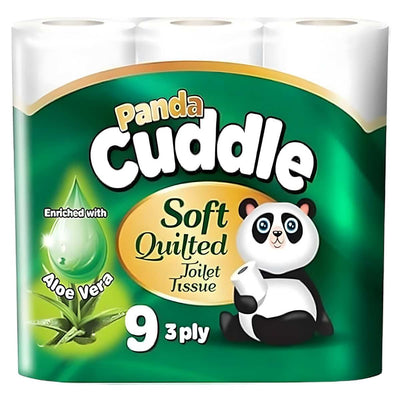 Panda - Cuddle Aloe Vera Soft Quilted Toilet Rolls 9 Pack: 3-ply tissue enriched with aloe vera for comfort. Features a cartoon panda holding toilet paper on the packaging.