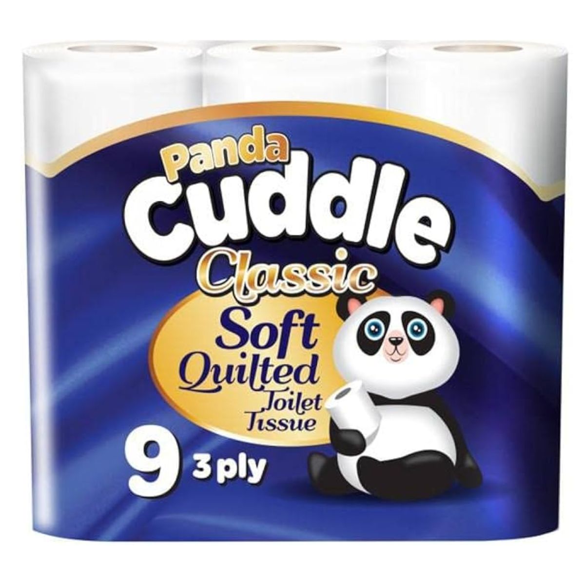 Panda Cuddle Classic Soft Quilted Toilet Rolls, 9 pack by Panda, features 3-ply tissue and packaging with a cartoon panda holding a toilet roll on a blue background.