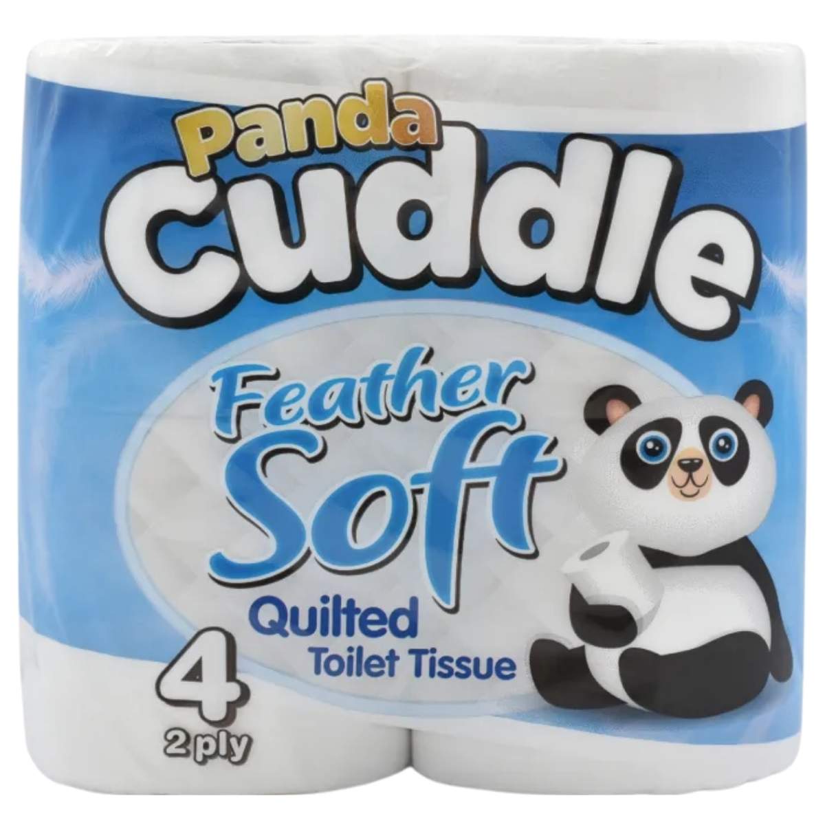 Panda Cuddle Feather Soft Quilted Toilet Tissue Rolls, 2-ply, 4-pack. Features an illustrated panda holding feather soft tissue on the packaging.