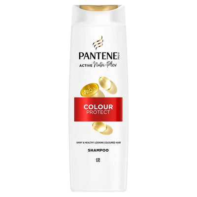 A 500ml white bottle of Pantene Active Nutri Plex Colour Protect Shampoo with a gold cap and red label, designed to protect coloured hair and enhance shine.