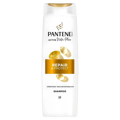 Pantene - Active Nutri Plex Repair & Protect Shampoo (500ml) in a white bottle with gold accents. Strengthens and repairs weak, damaged hair for restored healthy shine. Perfect for hair repair and protection.