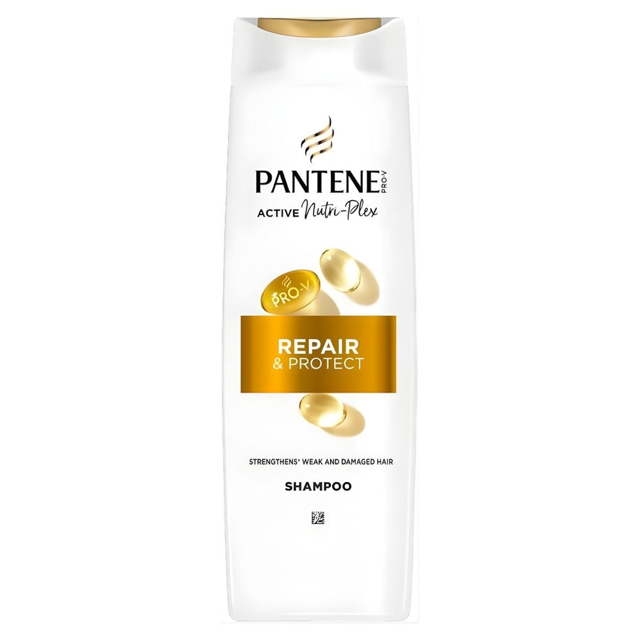 Pantene - Active Nutri Plex Repair & Protect Shampoo (500ml) in a white bottle with gold accents. Strengthens and repairs weak, damaged hair for restored healthy shine. Perfect for hair repair and protection.