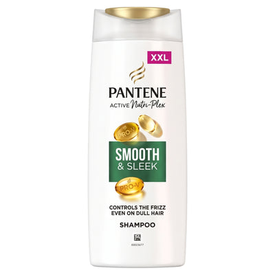 A white XXL bottle of Pantene - Active Nutri Plex Smooth & Sleek Shampoo - 700ml with gold and green accents, designed to control frizz on dull hair.