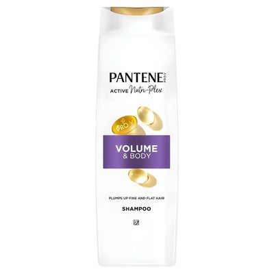 A 325ml white bottle of Pantene - Active Nutri Plex Volume & Body Shampoo with a gold cap and purple label, designed for fine, flat hair, promoting volume and body with Pantene's effective thickening formula.