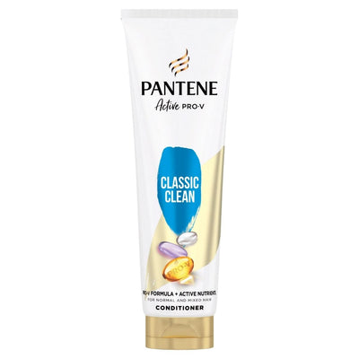 Pantene Active Pro-V Classic Clean Conditioner (275ml) by Pantene comes in a tube with a gold cap and blue label, featuring images of hair nutrients on the front.