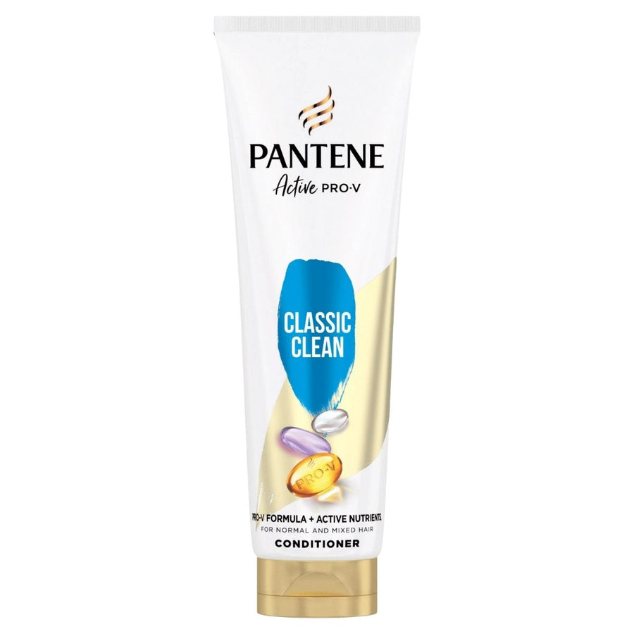 Pantene Active Pro-V Classic Clean Conditioner (275ml) by Pantene comes in a tube with a gold cap and blue label, featuring images of hair nutrients on the front.
