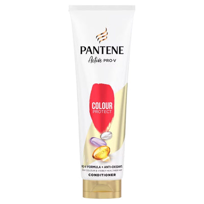 Pantene Active Pro-V Colour Protect Conditioner (275ml) in a white tube with a red label and gold accents features capsule images and is designed to protect coloured hair with the advanced Pro-V formula.