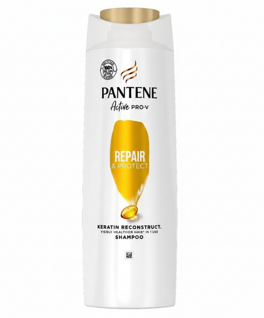A 400ml white bottle of Pantene Active Pro-V Repair & Protect Shampoo with a gold cap, designed to boost hair strength and vitality.