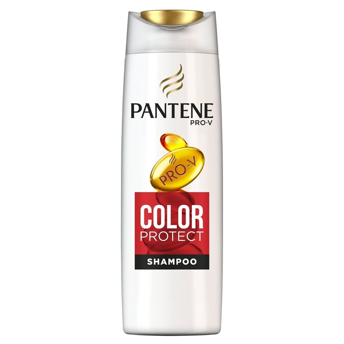 The Pantene - Colour Protection shampoo, 400ml, features a gold cap and red "Colour Protect" label, offering salon-worthy hair with its Colour Protection formula for long-lasting vibrancy.