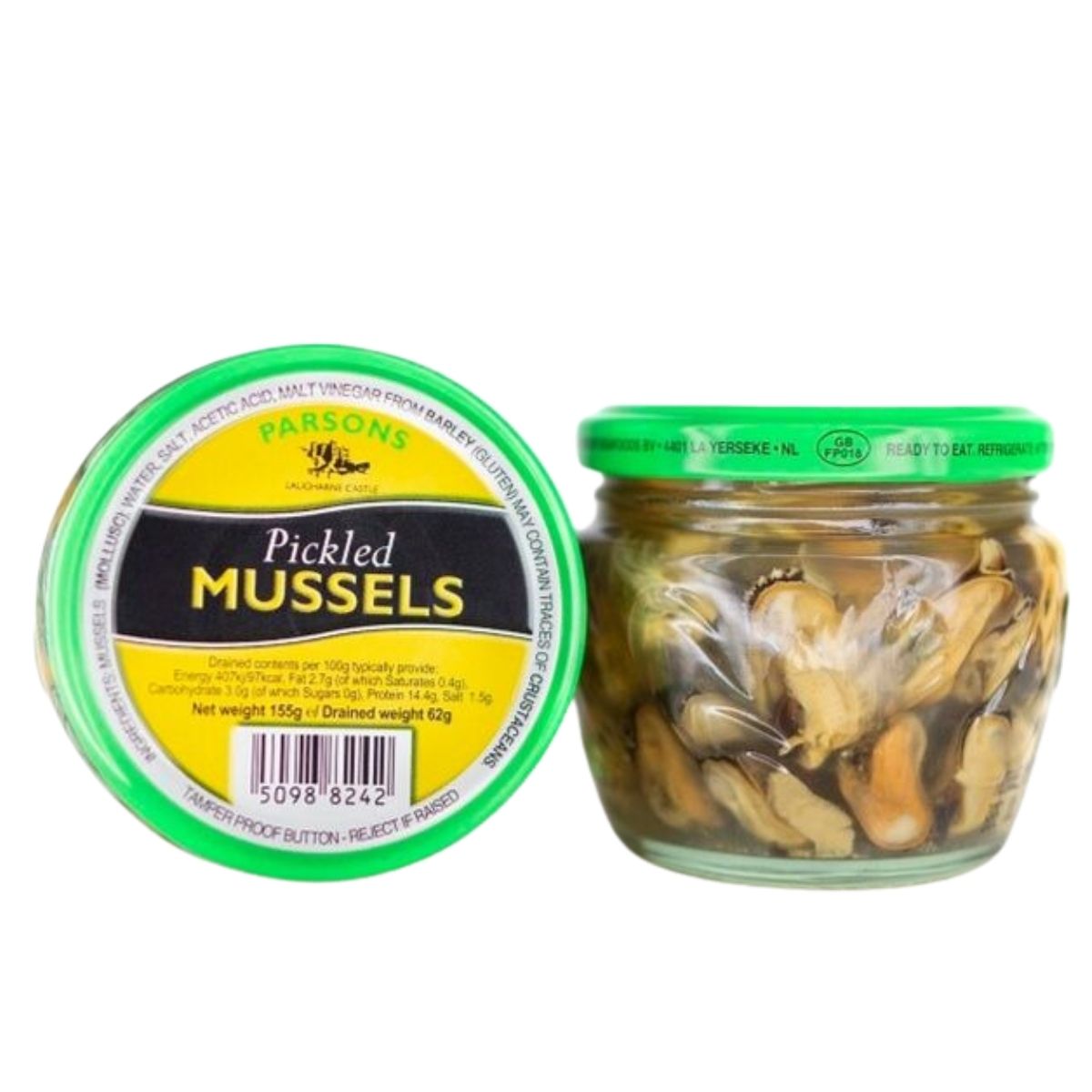 Two jars of Parsons Pickled Mussels - 155g are displayed, one with the label visible and the other showing the contents through the glass.