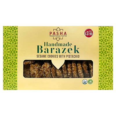 A 320g box of Pasha Handmade Sesame Cookies With Pistachio, showcasing sweet and savoury treats through a window, available for £3.99.