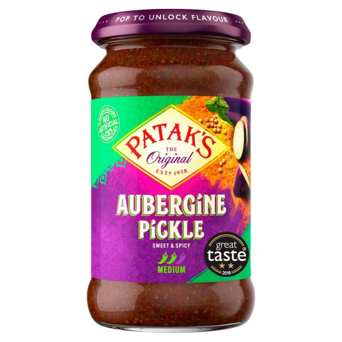 A 312g jar of Patak's Aubergine Pickle, sweet & spicy with medium heat, featuring a purple lid and a "great taste" award badge.