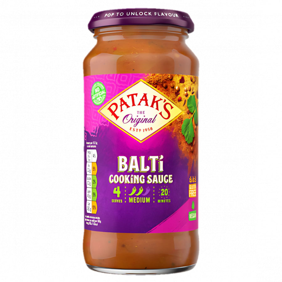 Patak's Balti Cooking Sauce 450g features a purple label with nutritional info, medium spice level, and serving size—perfect for adding authentic Indian flavor to your meals.