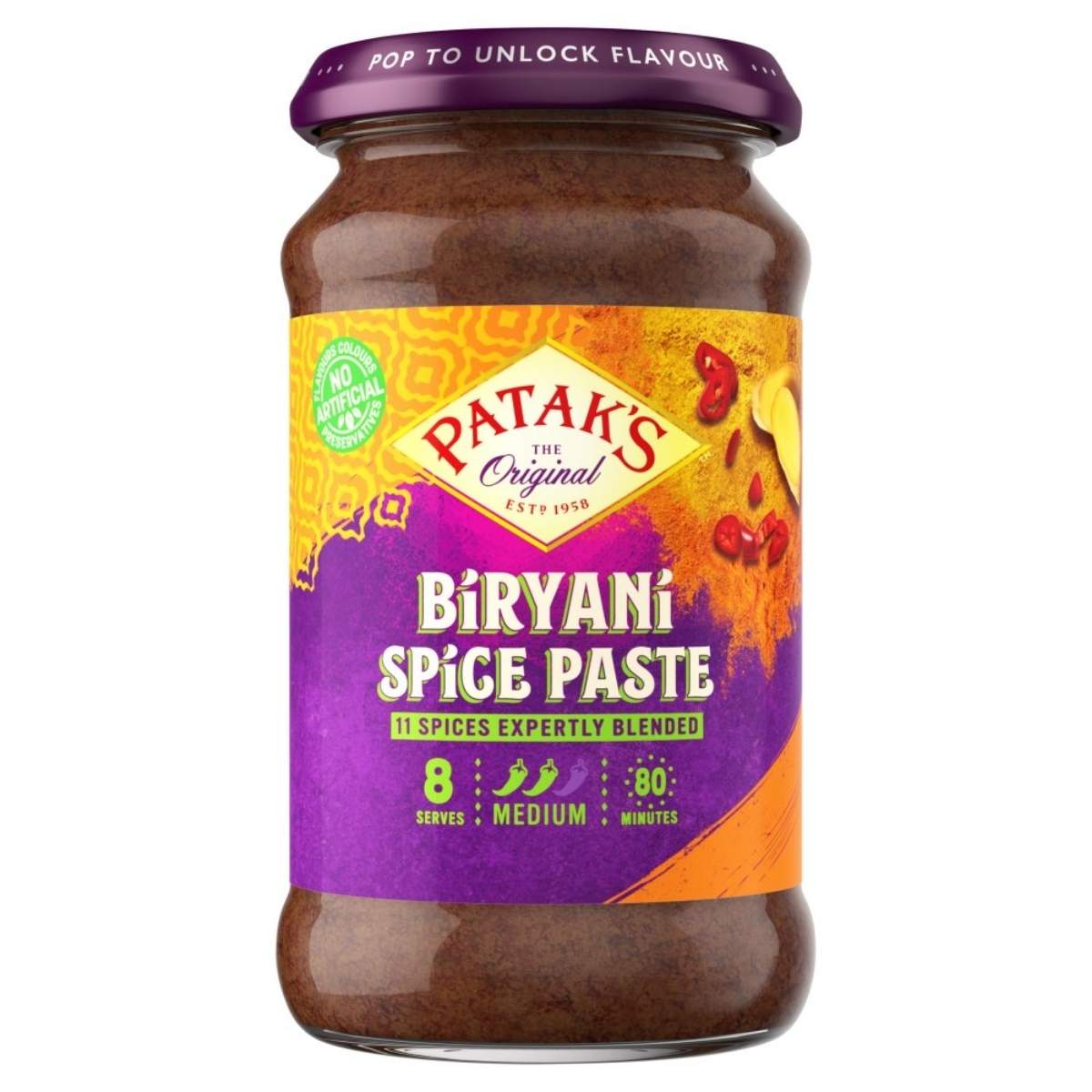 A 283g jar of Patak's Biryani Spice Paste with a purple lid and label, featuring spice level, servings, and preparation time on the front.