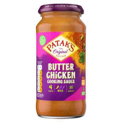 Patak's Butter Chicken Cooking Sauce (450g) with a purple label serves 4, is mild, and ready in 20 minutes—ideal for quick, delicious Indian meals.