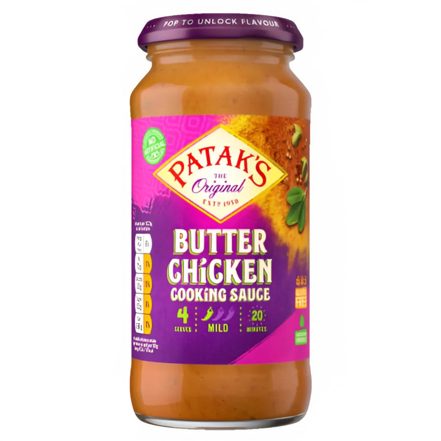 Patak's Butter Chicken Cooking Sauce (450g) with a purple label serves 4, is mild, and ready in 20 minutes—ideal for quick, delicious Indian meals.