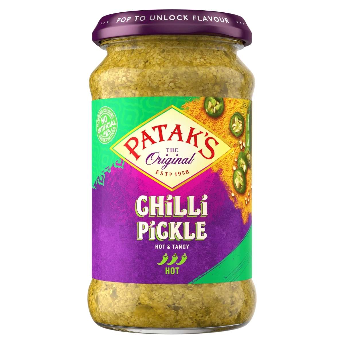 A 283g jar of Patak's Chilli Pickle, with a hot and tangy flavor, features a purple and green label showing sliced green chillies.