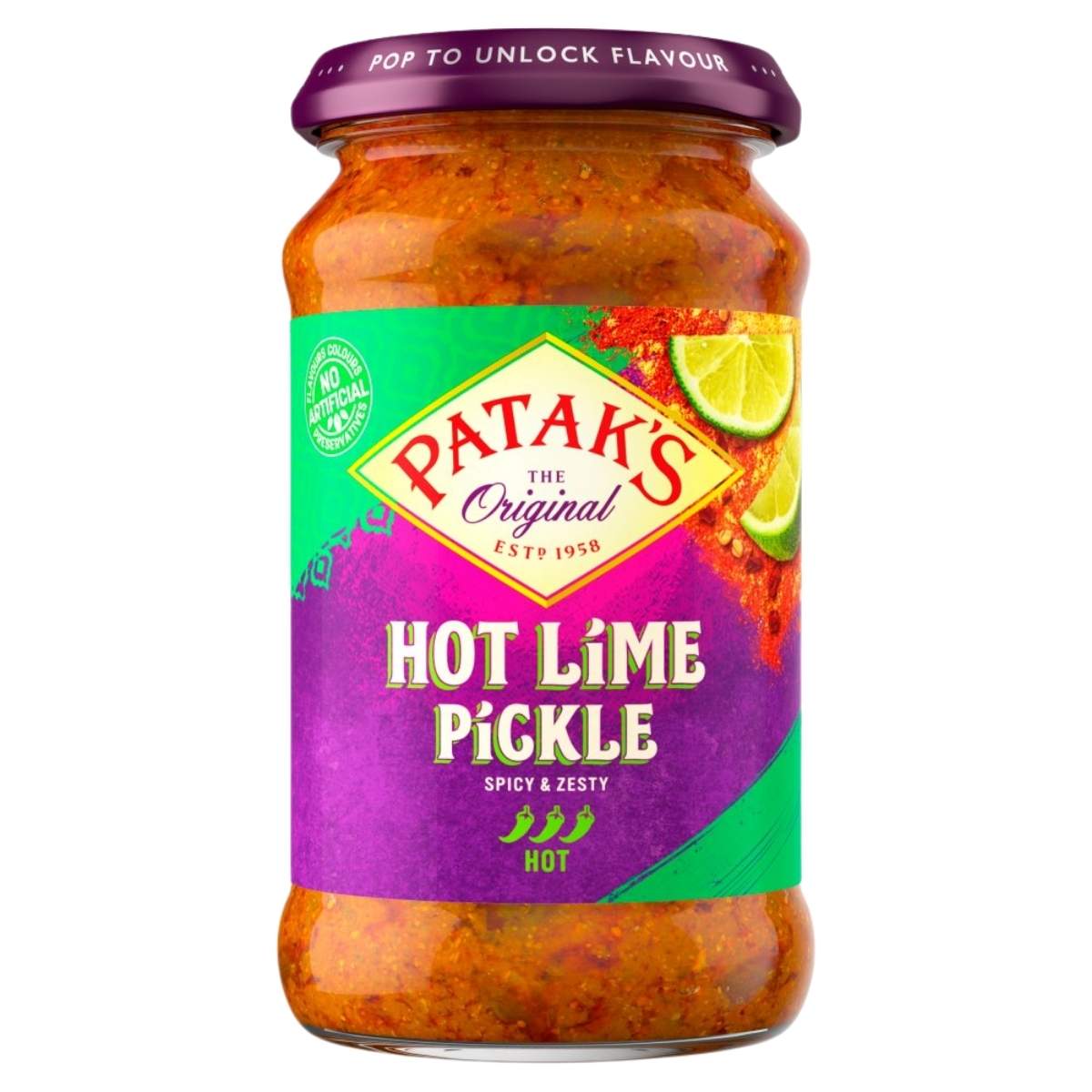 A 283g jar of Patak’s Hot Lime Pickle with a purple and yellow label featuring lime slices, offering a spicy, zesty flavor.