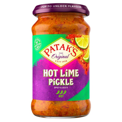 A 283g jar of Patak’s Hot Lime Pickle with a purple and yellow label featuring lime slices, offering a spicy, zesty flavor.