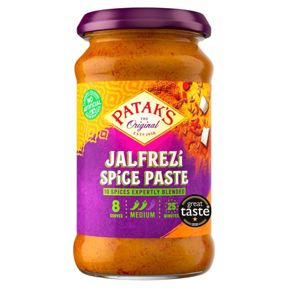 Patak's Jalfrezi Spice Paste (283g) features a purple label, serves 8, is medium heat, and cooks in 25 minutes.