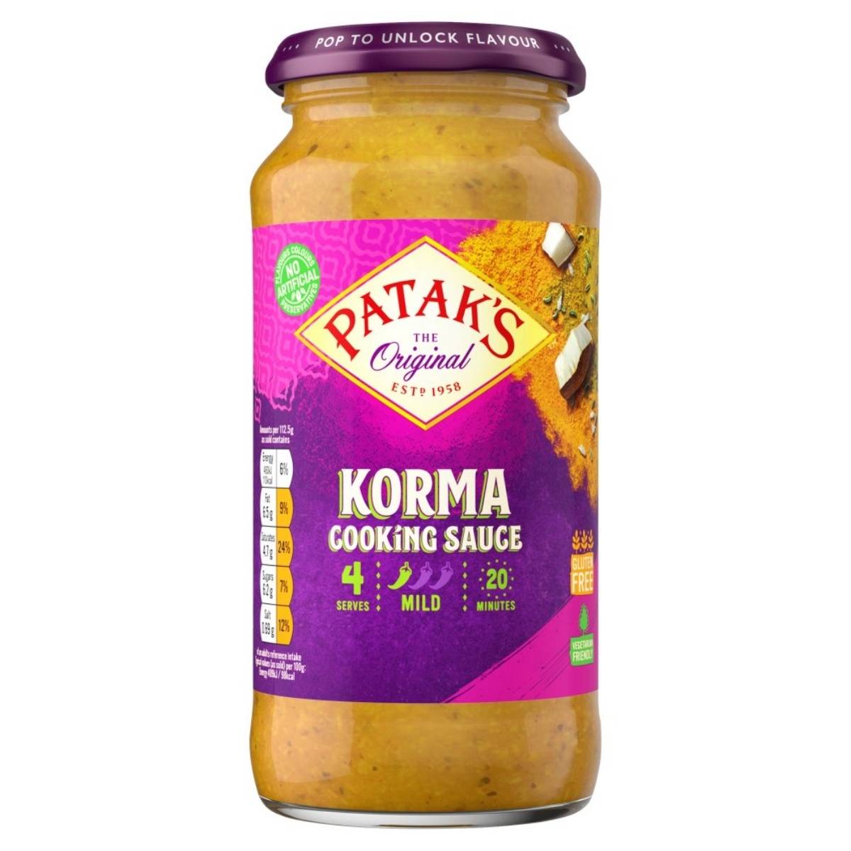 Patak's Korma Cooking Sauce, 450g jar, features a purple label with nutritional info and serving details—ideal for making mild Indian curry sauce at home.